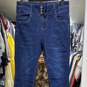 Women Vintage High Waist Flare Leg Three Buttons Jeans